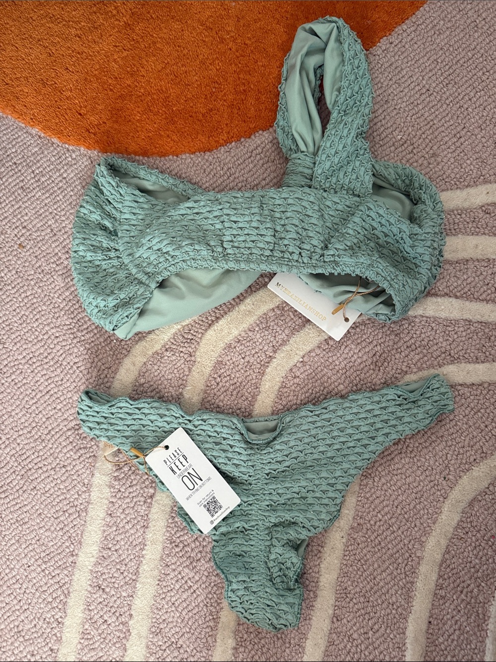 My Brazilian Shop Seafoam Green Bikini: Textured Lili Ripple Bottom/Greek Top - Picture 2 of 3